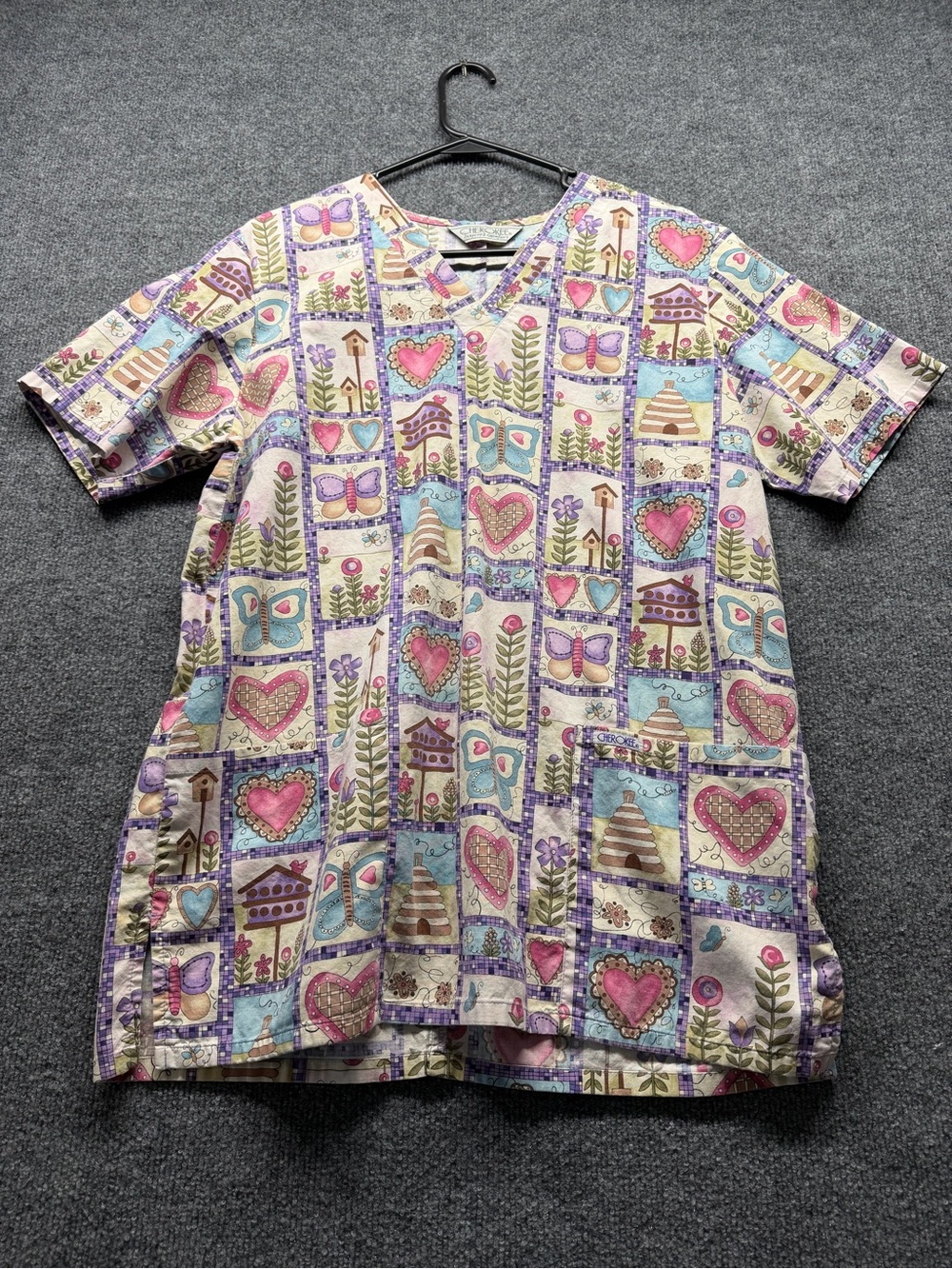 Cherokee Patchwork Print V-Neck Scrub Top in Pink, Purple, Blue